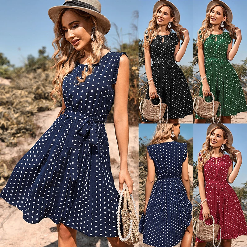 Новый дизайн Vestidos одежда летние женские элегантные, со складками, без рукавов, Повседневное платье в горошек
