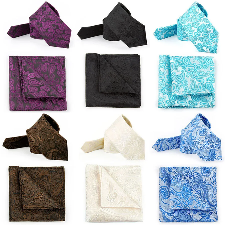 Men Polyester Ties 3inch with Pocket Square Set Fashion Mens Necktie Corbatas Neckwear Wedding Business Jacquard Gravatas