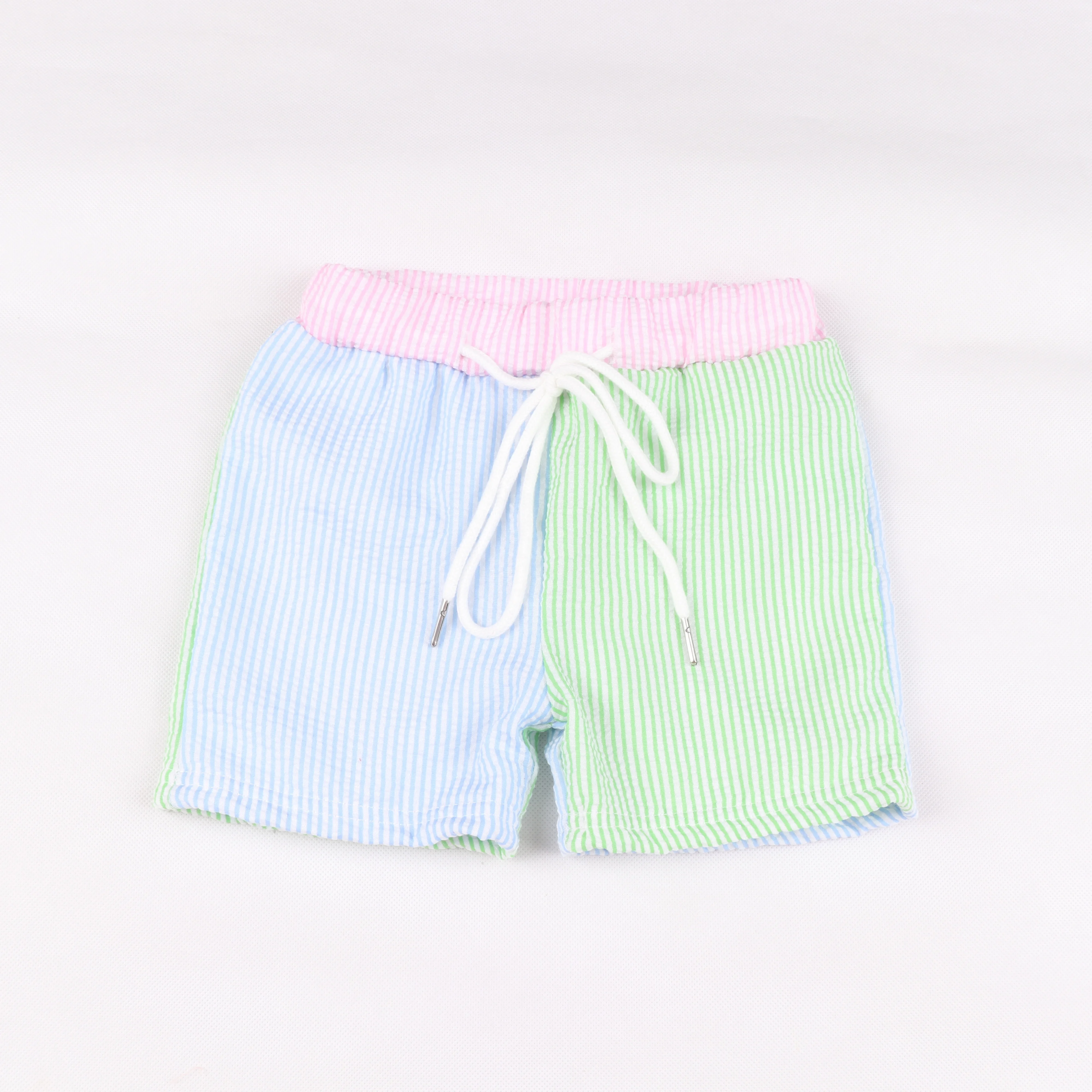 2023 Summer New Style Boys Blue and Green Vertical Stripes Four-Sided Stitching Seersucker Trunks With Pink Belt