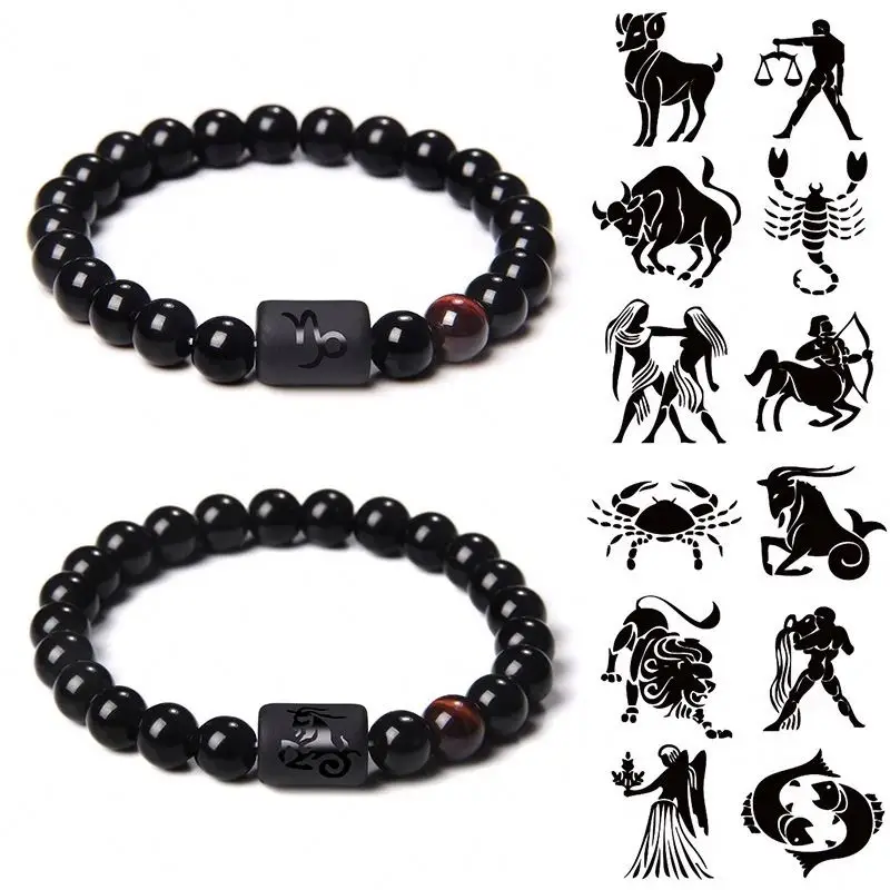 Hot Selling Twelve Zodiac Natural Beads Bracelets 10mm Black Agate Woven Adjustable Yoga Bracelet