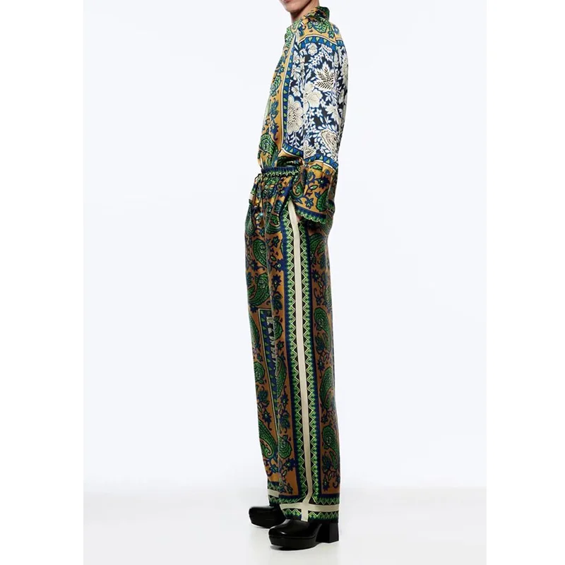 Custom printed pajamas style satin printing vertical cardigan satin trousers two sets