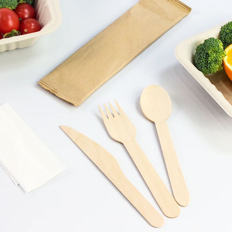 Biodegradable disposable cutlery wooden cutlery set wooden cutlery kit with paper