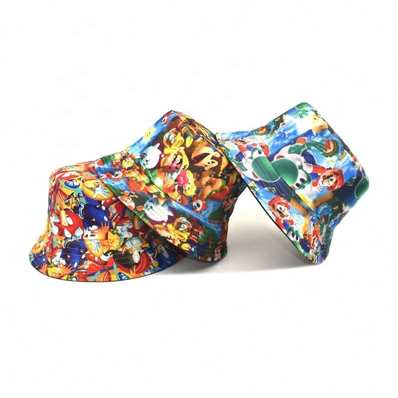 Creative Super Mary Mario figures pattern bucket hat man woman cartoon sun protection sun hat double-sided