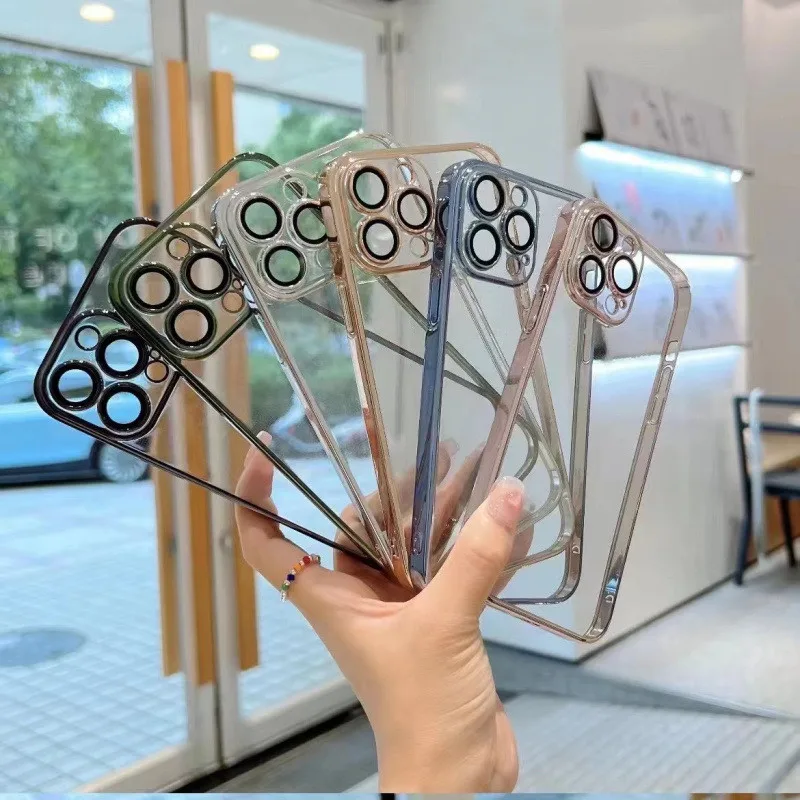 For iPhone 14 Pro Max With Lens Protector Transparent Silicone Case 14 Plus 11 12 13 Pro XS XR 7 8 Plus SE 3 Plating Clear Cover