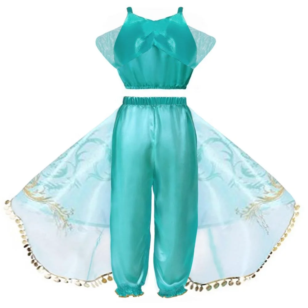 Halloween Aladdin Cartoon Princess Jasmine Kids Cosplay Costume Top Pants 2 Piece Suit With Cloak