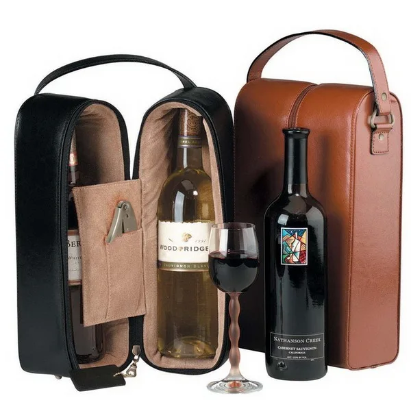 High quality custom portable two wine bottles PU leather carrier bag