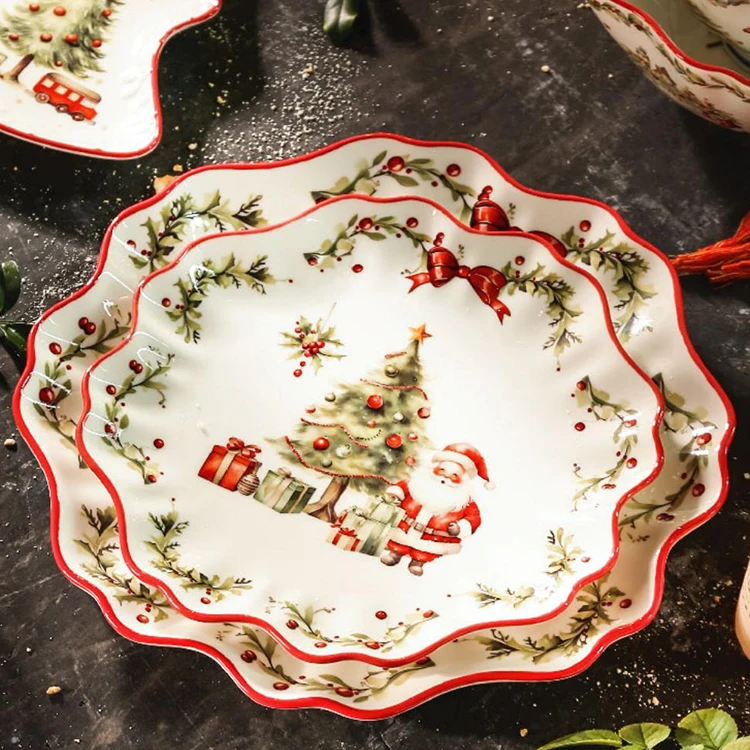 Luxury red color rim santa claus decal decorative star shape tableware porcelain serving plates christmas dishes ceramic plate