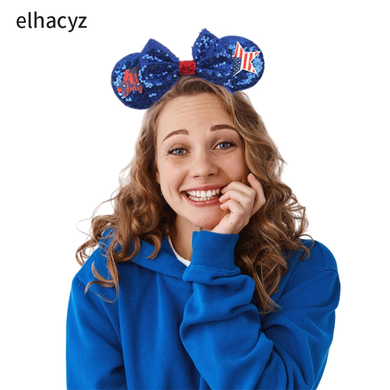 New Stock Arrival American Festive Days Elastic Band Hair Accessories Windmill Sequin Bow Mouse Ear Stretch Hair Band For Baby