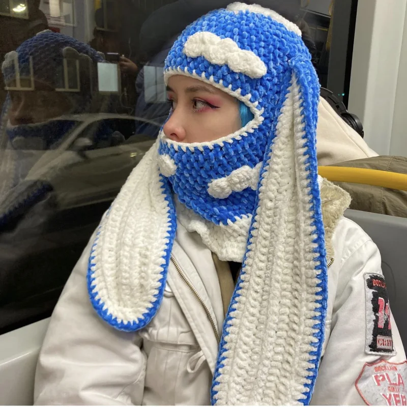 RTS Fashion Winter Warm Balaclava Full Face Knit Ski Mask with Cute Bunny Ears Kawaii Crochet Face Cover Mask for Adults