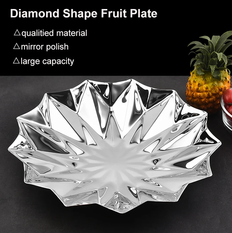 Special-interest Deco Mirror Polish Diamond Shape Stainless Steel Fruit Plate Living Dinning Room  Metal Fancy Plates