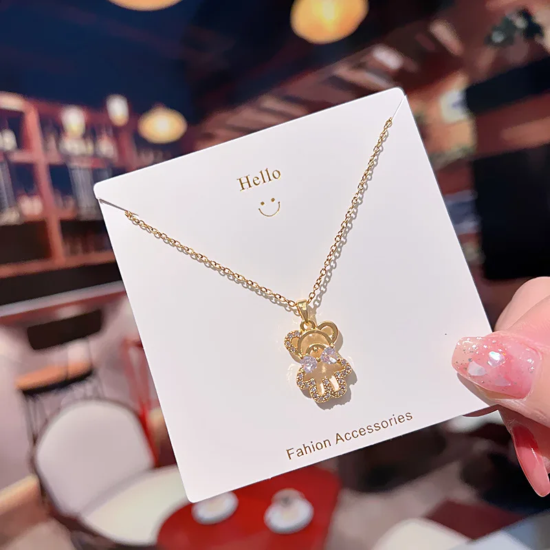 Full Stainless Steel 18k Gold Plated Full Zircon Bear Necklace for Women Clavicle Chain Collar Necklace De Acero Inoxidable
