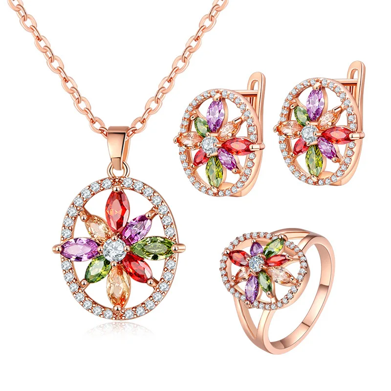 
European and American fashion full Diamond Bridal Zircon Necklace Earring Ring three piece bridal zircon Set Christmas Ornament 