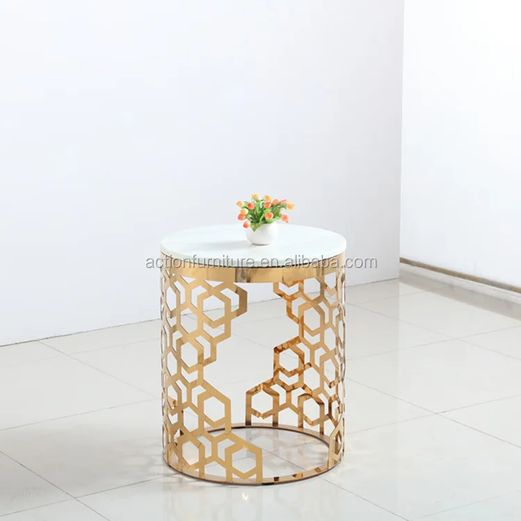 Hot Sale Stainless Steel Metal  With Round Marble Top White Coffee Table Side Table Chairs Set Center Table