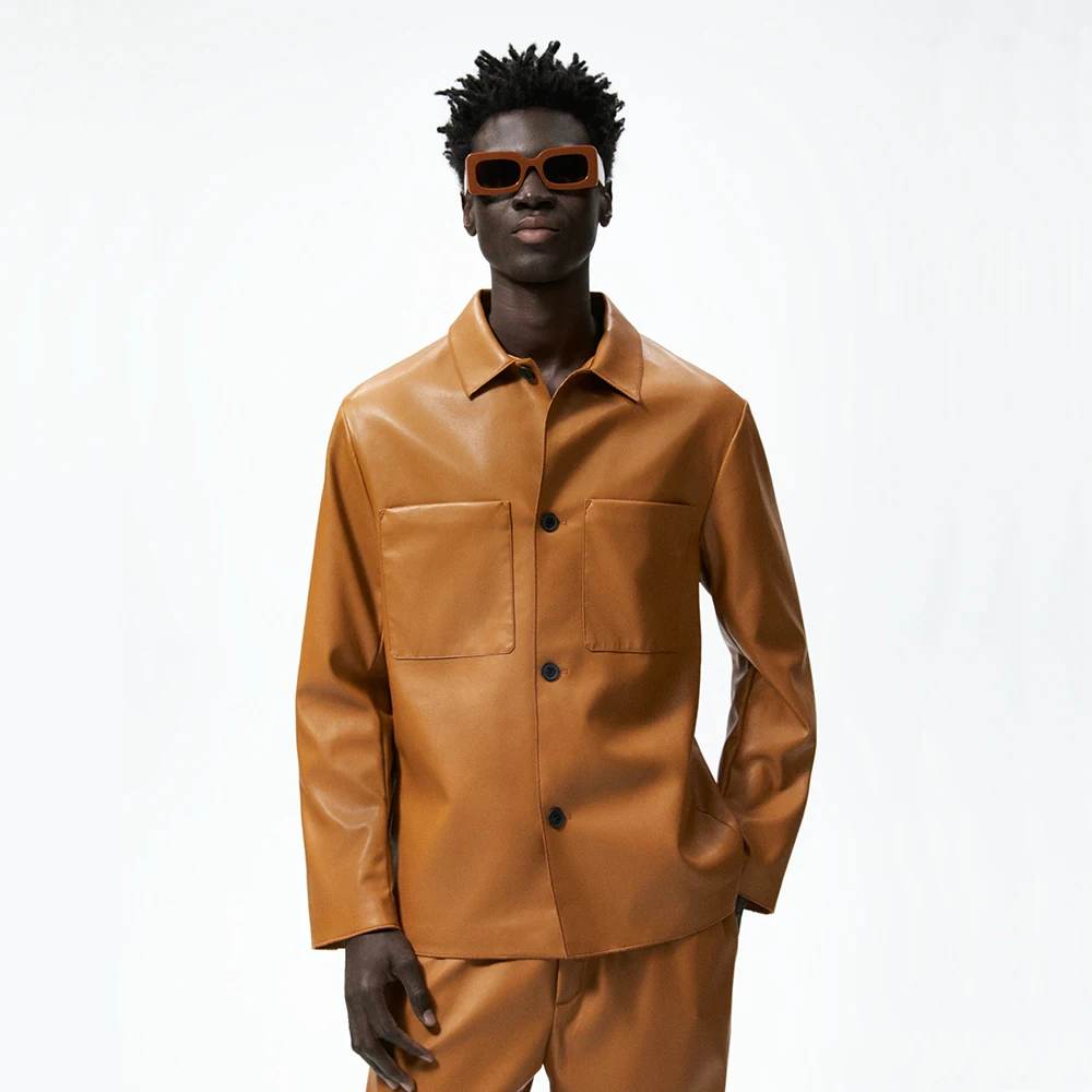 Wholesale Custom Pure Color Lapel collar long sleeves button-Up Oversize Faux Leather Jacket For Men