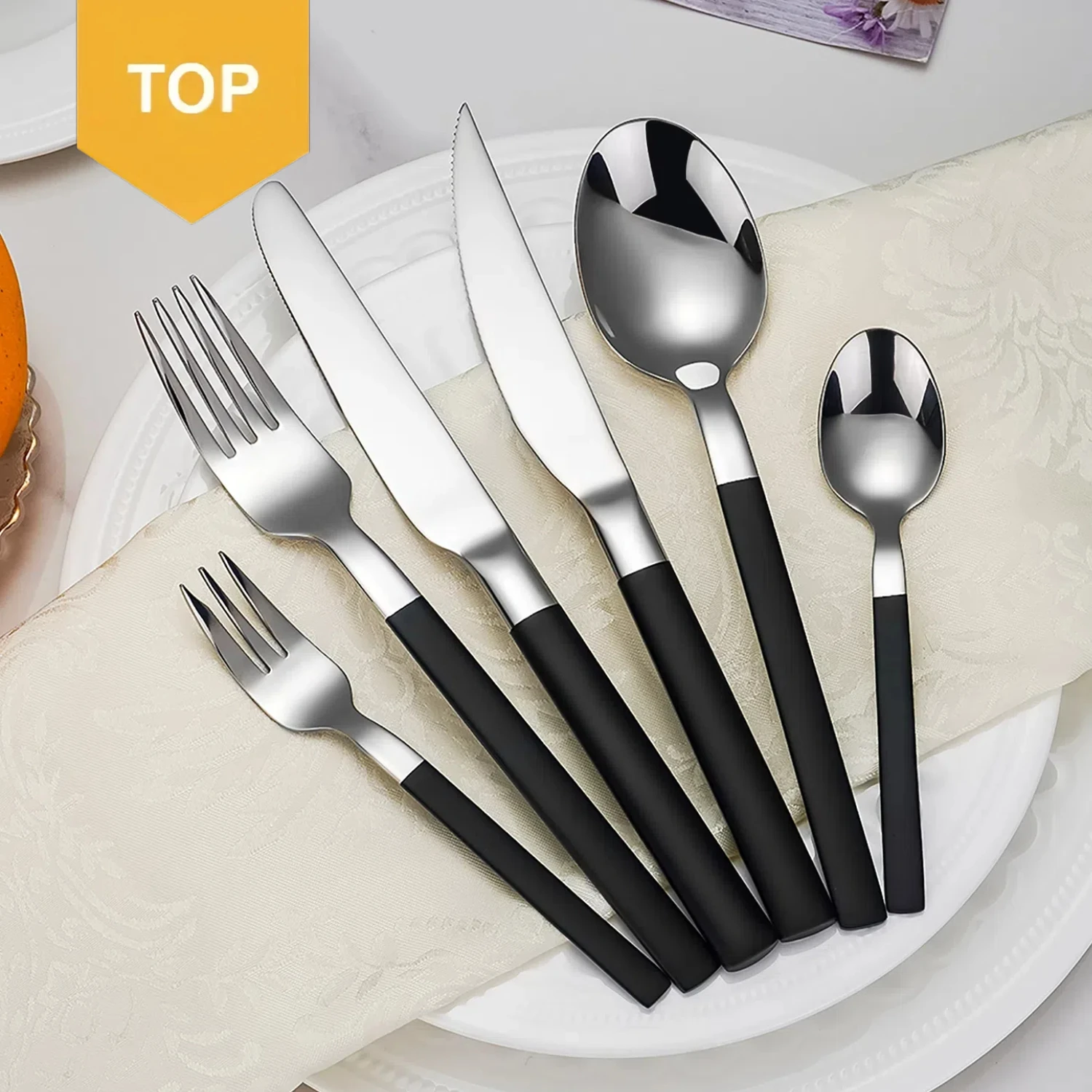 New Launch 6-Piece Knife Fork Spoon Stainless Steel Silverware Flatware Straight Black Handle Silver Cutlery Set