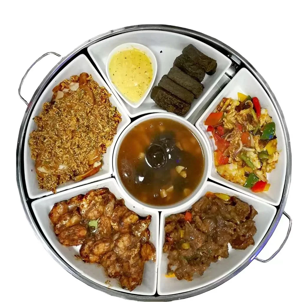 Best Selling Stainless steel Round rotary dinner stove Food insulation buffet plate Hotel round lid dinner stove ceramic divider