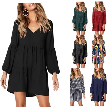 Autumn Cheap Lantern Long Sleeve Plus Size Loose V Neck Swing Pleated Shift Casual Dress Women