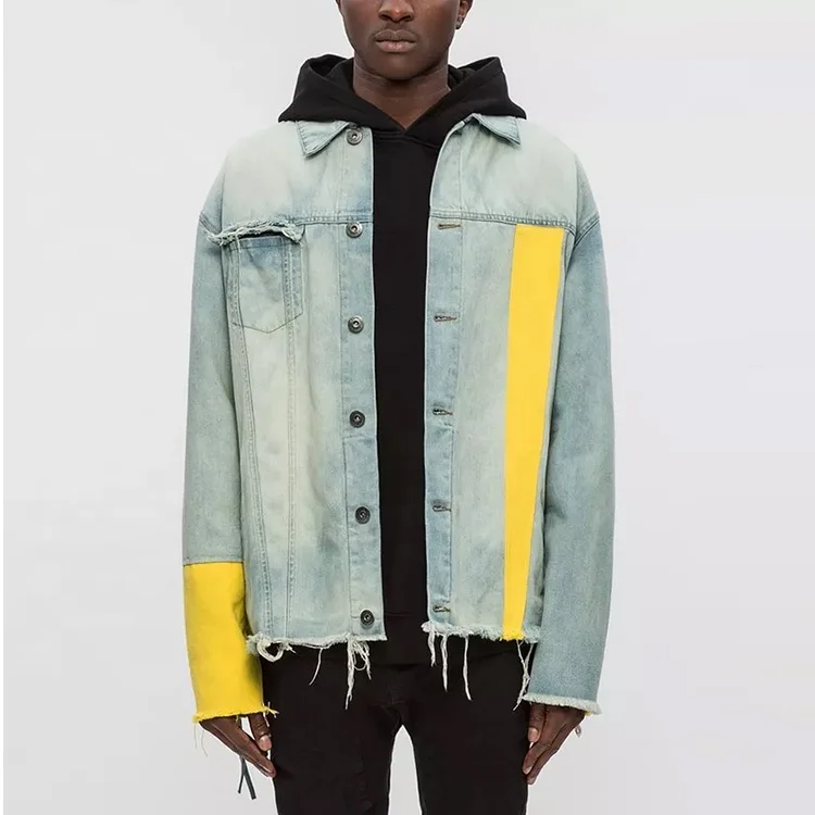 High Quality Custom Men Vintage Yellow Sleeve Slight Distressed Denim Jacket Men