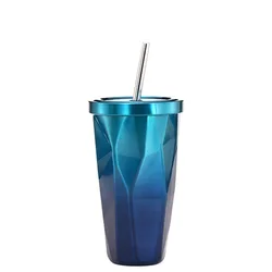 Unique Design 18/8 Stainless Steel Insulated Coffee Cup Handheld Gradient Cup Diamond Shaped Outdoor Tumbler with Straw