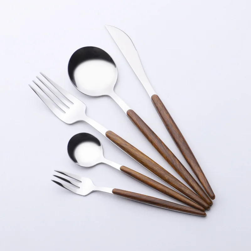 Eco Friendly  Mirror Polish Steak Knife Flatware Set Stainless Steel Cutlery Flatware Set With Wood Pattern Handle