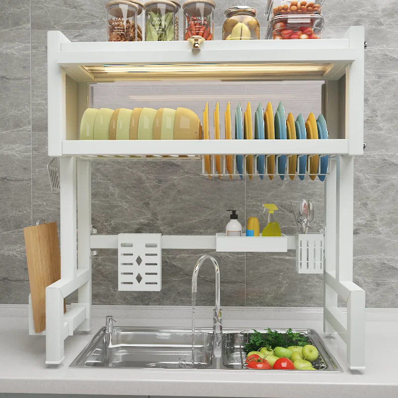 65CM Best Price Combination Use Kitchen Storage Double Layer Household Storage Holder Dish Drying Rack with door Suitable Used