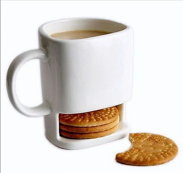 Wholesale 225 Ml Ceramic Tea Mugs White Cup With Biscuit Pocket Holder 8 Oz Cookies Milk Coffee Mug