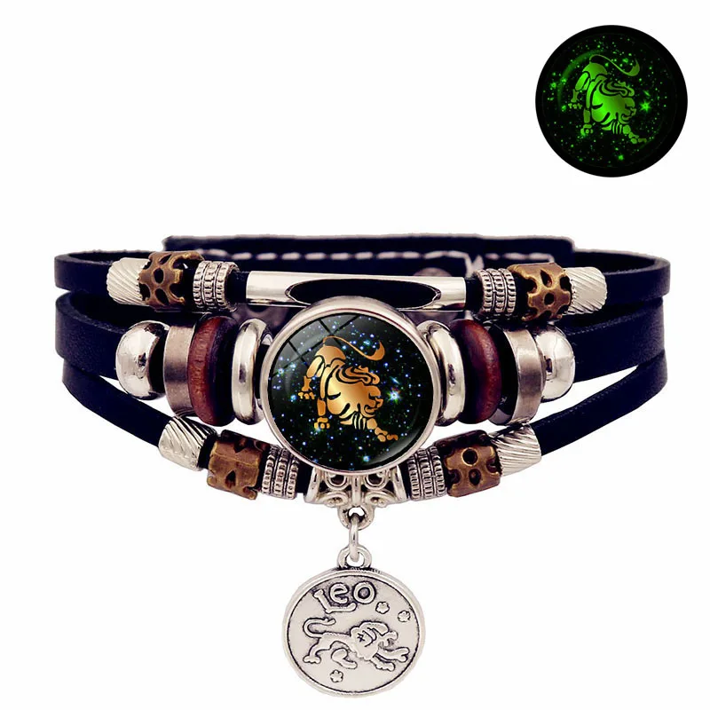 Adjustable Luminous Zodiac Sign Hand Bracelet Classic Punk Leather for Man and Woman Hip-Hop Style with Gift for Male Friends