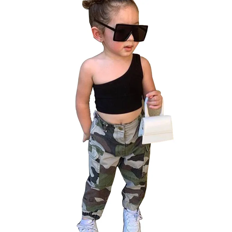 2023 new summer little girls clothing sets sexy letter print crop vest camouflage pant two piece toddler girl clothes set