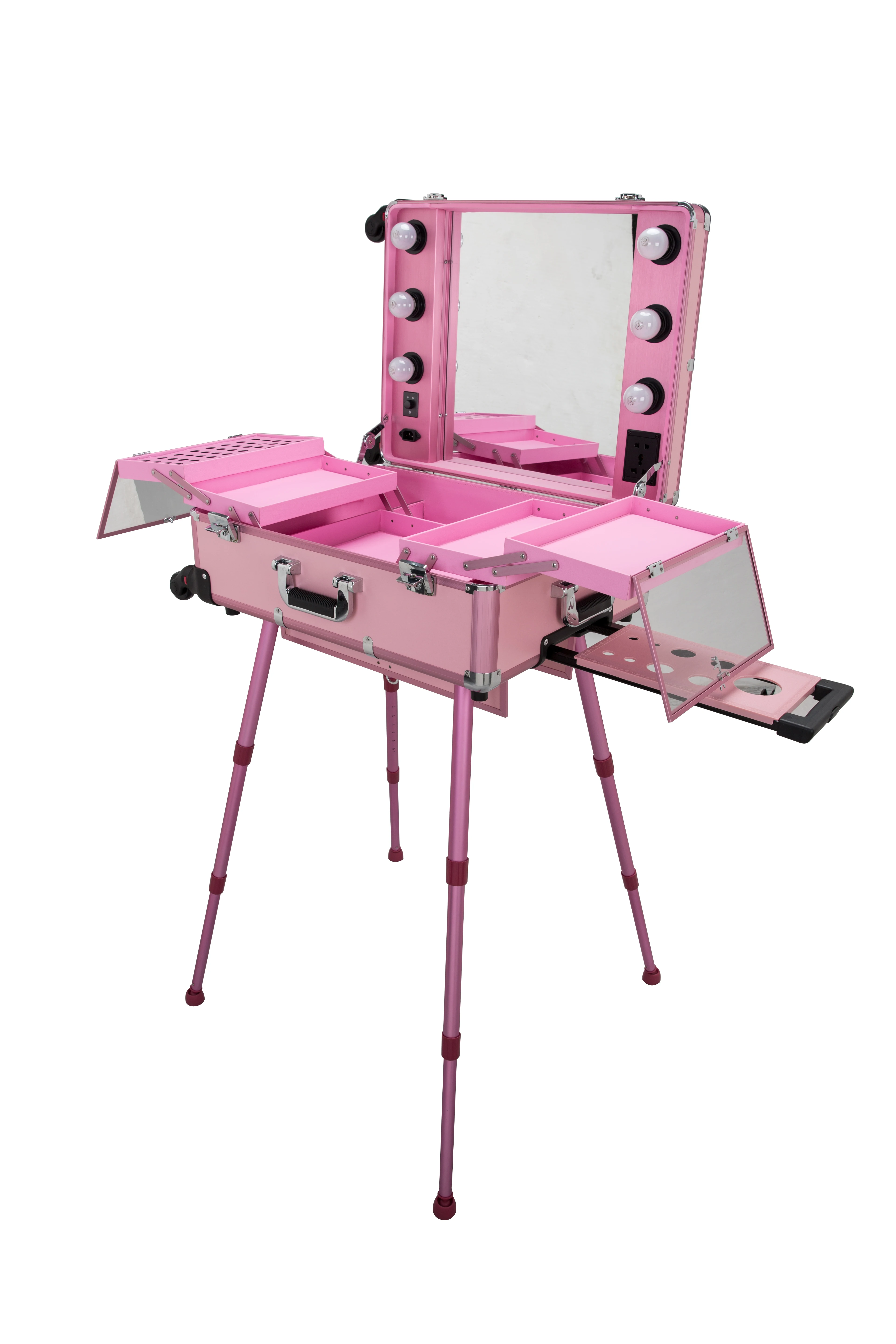 Rolling Studio Makeup Show Train Case Cosmetic w/Light Leg Mirror Wheeled Pro