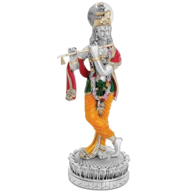 Decorative handmade religious god electroplating brass silver color idol figurine resin lord radha krishna statue