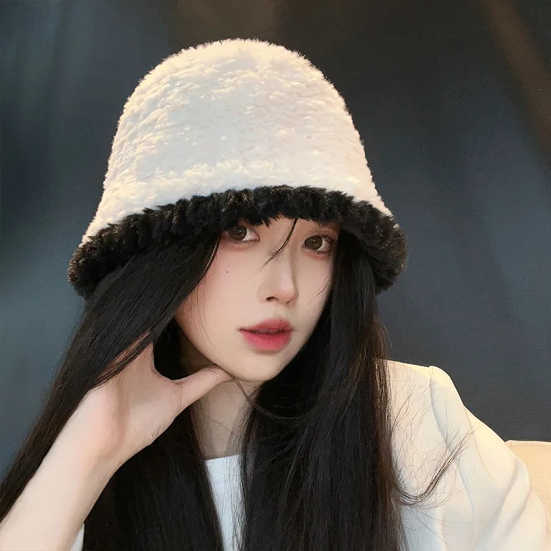 2023 New Fashion Plush Bucket Hat Winter Pure Color Knit Warm Bucket Hat For Women