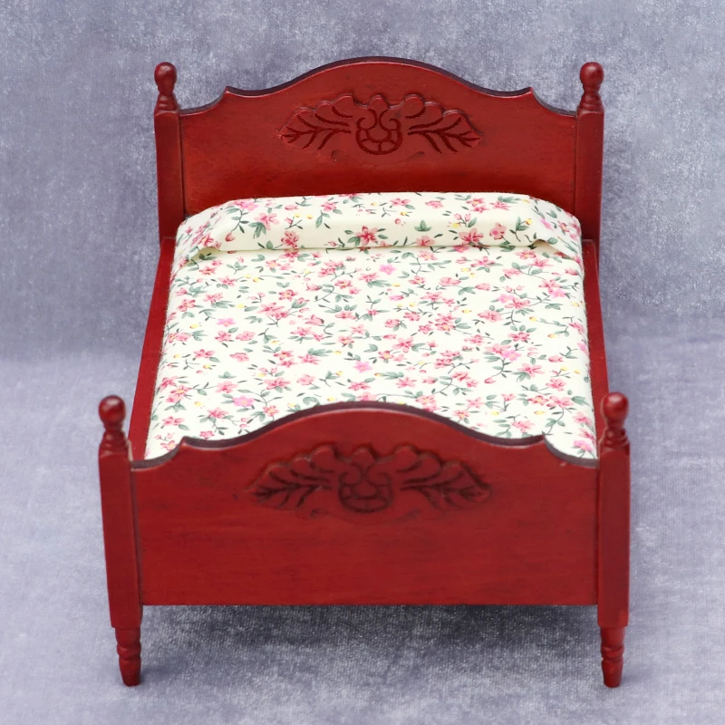 1:12 Doll House Dollhouse Mini Furniture Bedroom Micro Scene Wooden Crafts Redwood Double Bed