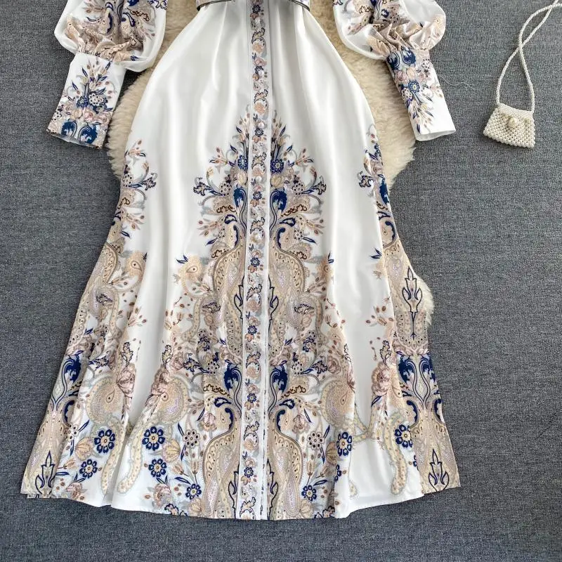 Dress Long Women Retro printing temperament shirt collar fashionable bubble sleeves slim long dress