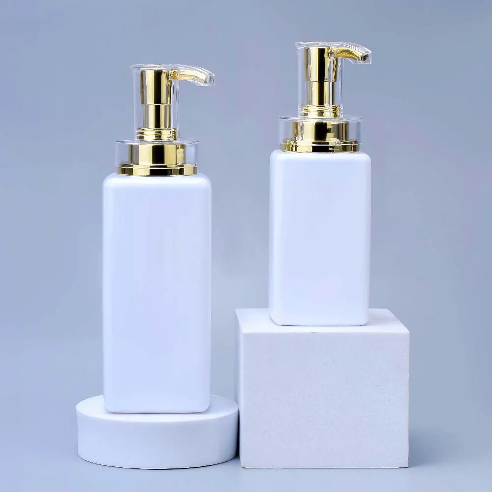 Custom Deluxe Empty Shampoo Conditioner Package 300ml 400ml 500ml square Pet plastic pump refillable shampoo bottle