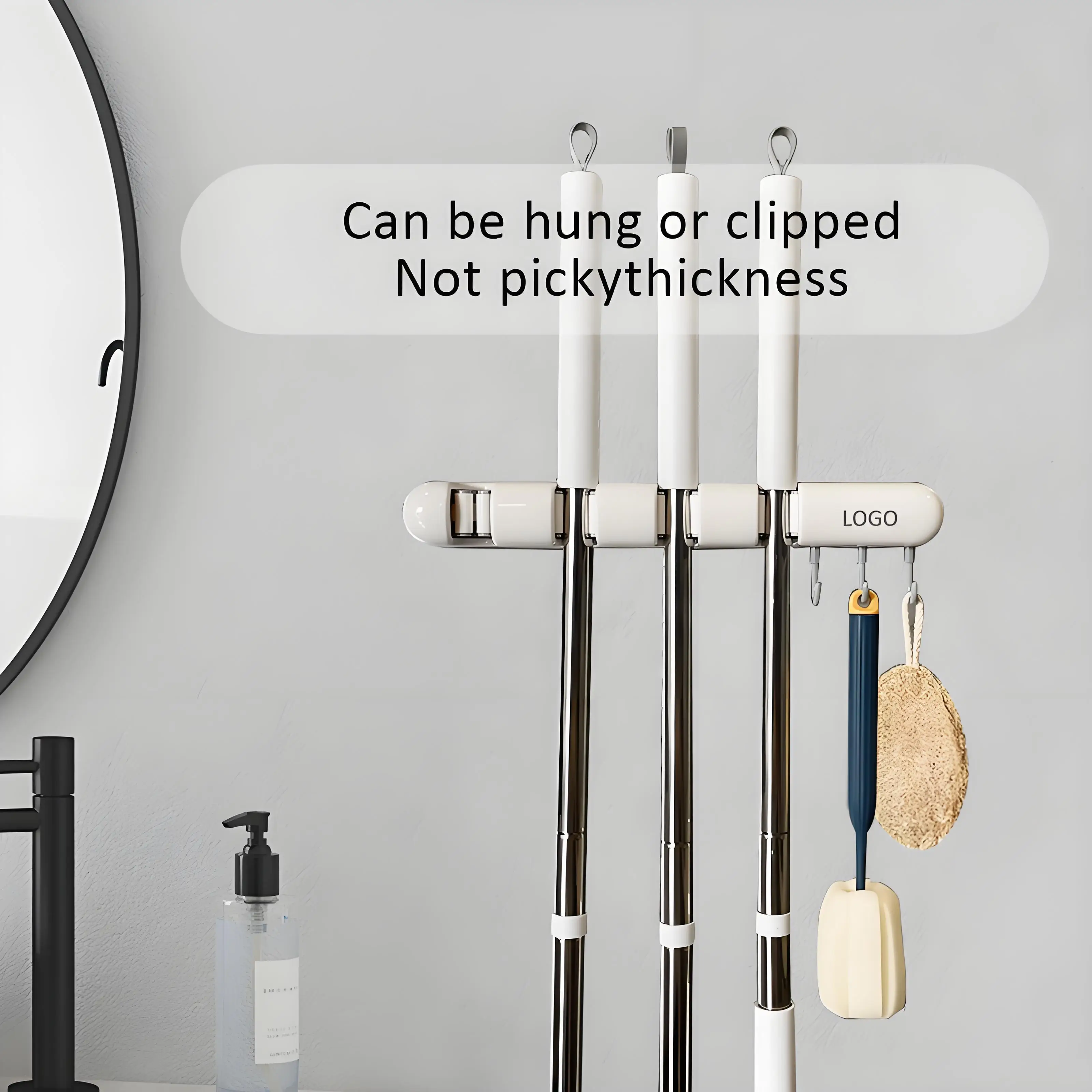 Hot sale plastic wall mounted hole-free with hooks broom mop storage rack bathroom bathroom balcony
