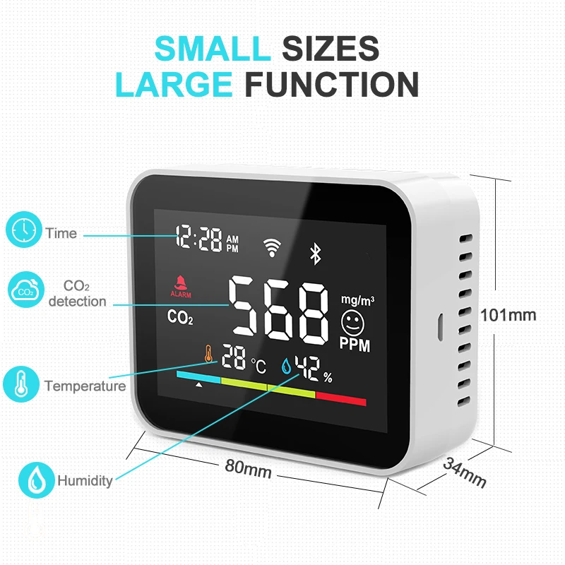 HIMOJO Portable Tuya Smart Wifi Indoor CO2 Concentration Meter  Detector Gas Air Quality Monitor Co2 sensor Control Wifi Carbon