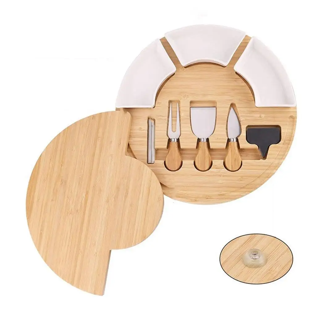 New Arrival Creative Bamboo Cheese Board Pizza Cutting Wood Plate with Ceramic Cheese Knives for Kitchen Party for Christmas