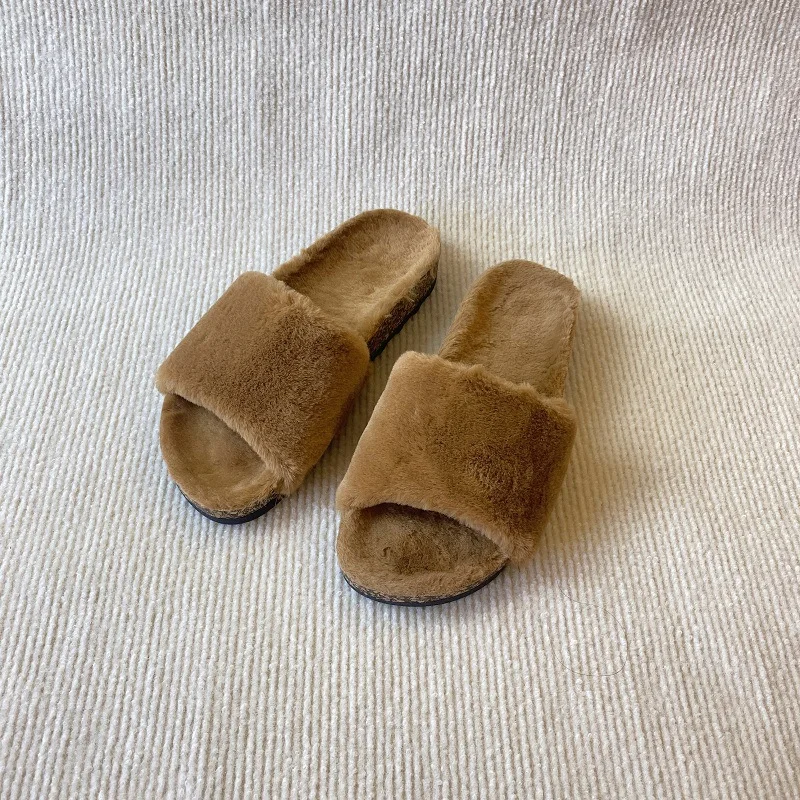 2024 Luxury Designer Custom Logo Full Fur Slides Women Winter Warm Flat Mule Clogs Slippers Soft Cork Sandals