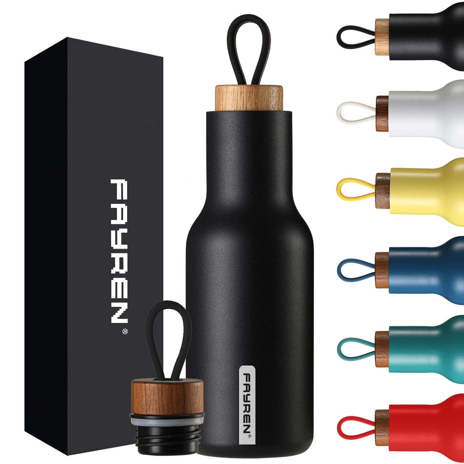 FAYREN Reusable BPA-Free Flask Stainless Steel Vacuum Insulated Thermos water bottle with solid wood Lid