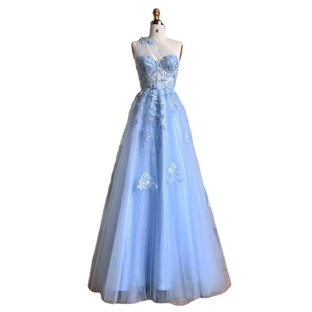 Blue One Shoulder Sleeveless Split Open Graduation Party Gowns Serene Hill LA71881 Long Prom Dresses For Girls