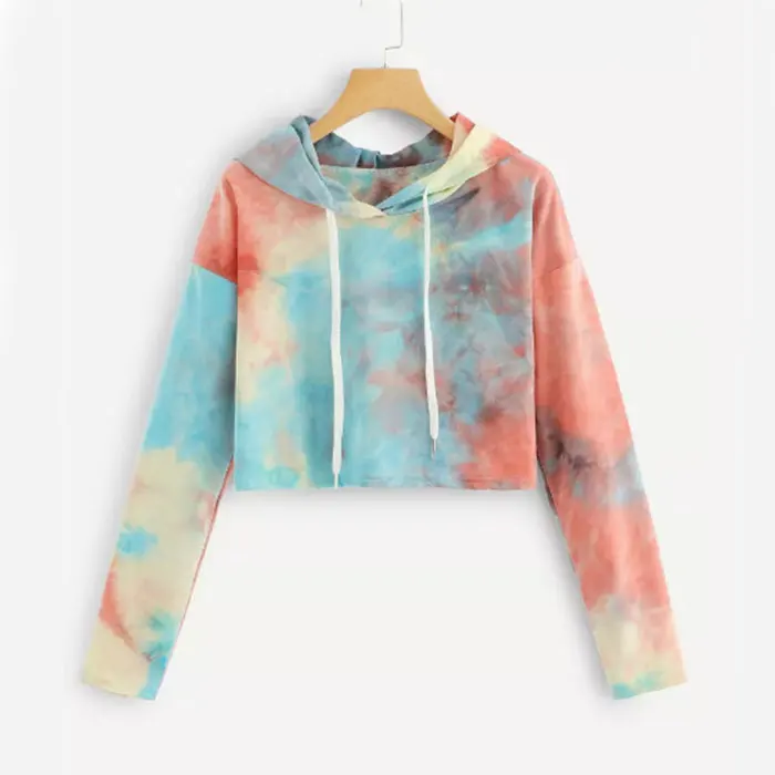 
Ladies Water Color Crop Hoodies Multi-color Casual Women Drawstring Hooded Sweatshirt Tie Dye Long Sleeve Hoodies 