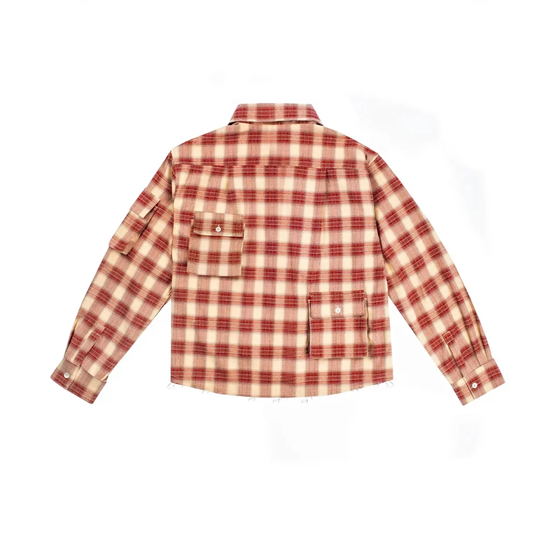 OEM custom slightly cropped multi cargo pockets plaid soft cotton flannel fashion shirts men