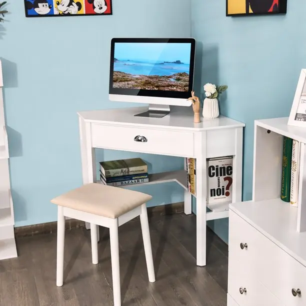 White Color Modern Wooden Cheap Computer Desk with Drawer and Shelf Corner Table for Living Room