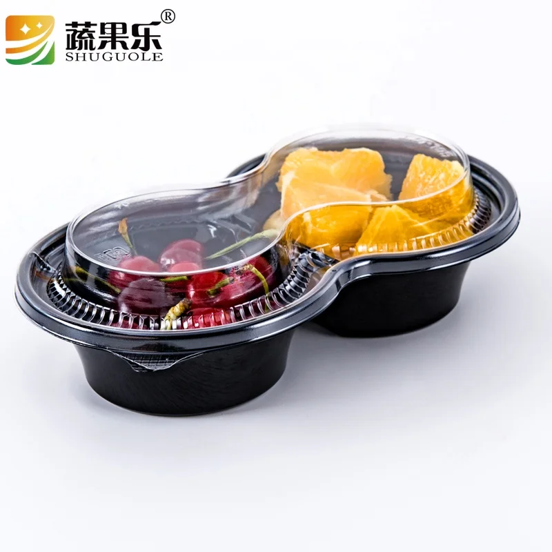 Lesui disposable 2 division compartment plastic box split fresh cut fruit containers food salad container with separate lid