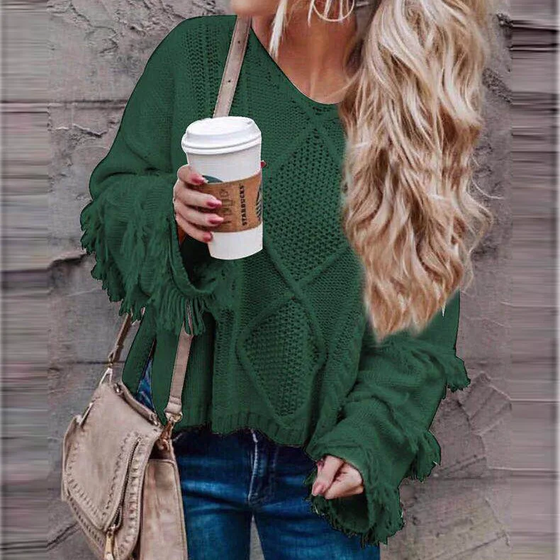 
Fashion V Neck Flare Sleeve Women Casual Tassel Sweater 
