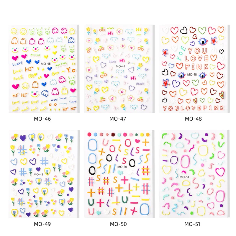Self Adhesive Cartoon Nail Decals Decoration Sticker Flower Heart Star 3D Colorful Nail Stickers Embossed Nail Stickers