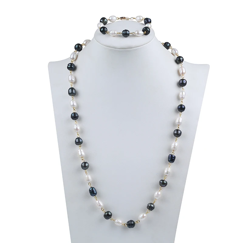 Zhuji Sample Design 10-11mm Rice Shape Real Natural Freshwater Pearl Necklace Set Jewelry