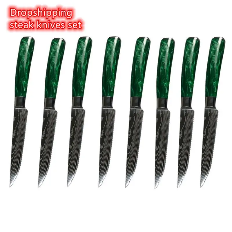 Drop shipping green resin handle kitchen home utensil steak knives set