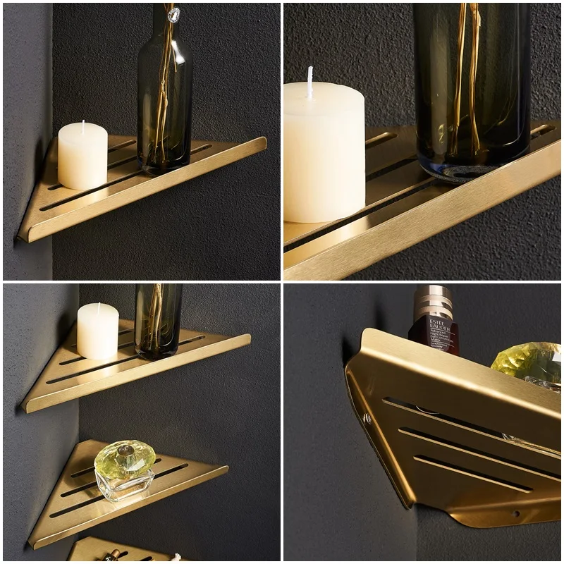 Brushed Gold Triangle design Wall Mount 304 Stainless Steel Gold Bathroom corner shelf