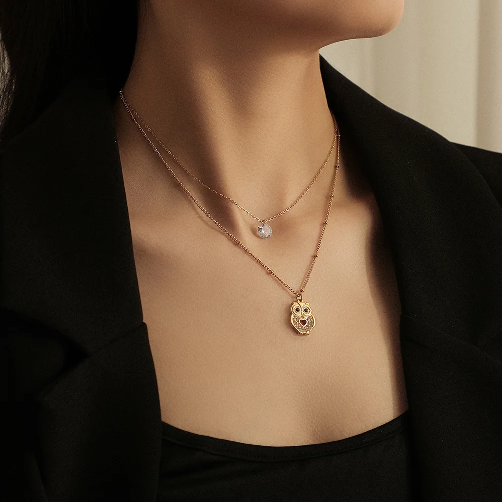 New style stainless steel gold-plated double necklace owl zircon pendant fashion titanium steel clavicle chain accessories